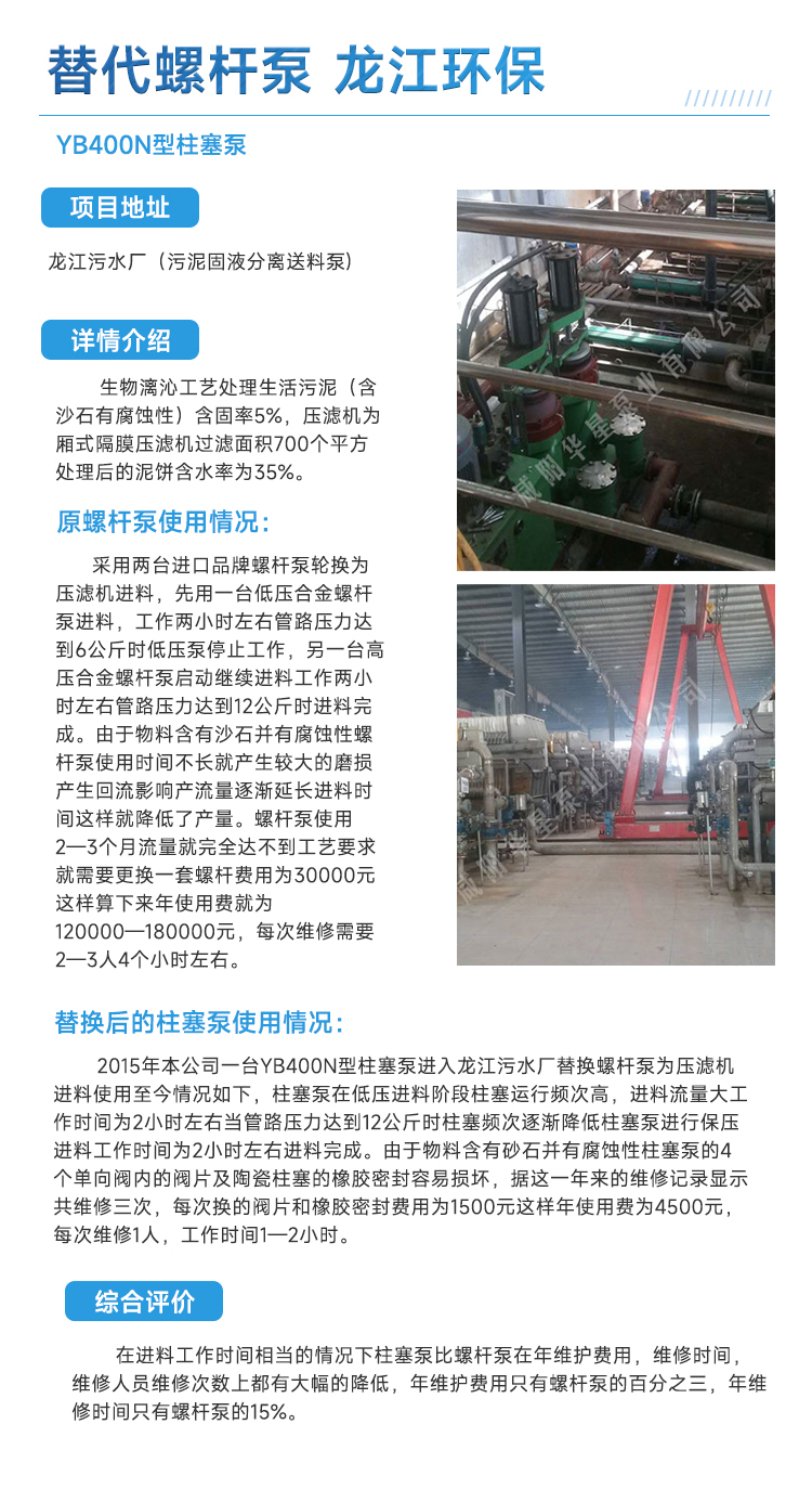 污水處理廠柱塞泥漿泵替代螺桿泵